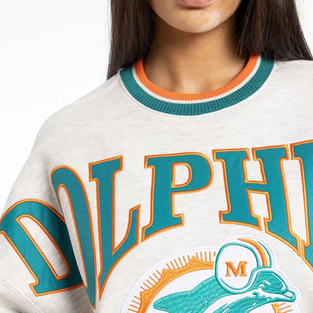 MITCHELL AND NESS Hoodies & Crews<Miami Dolphins Satin Fill Crewneck Unisex