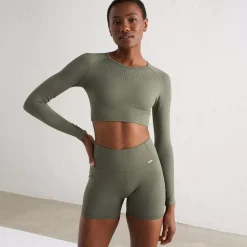 Aim Tees & Tanks<Olive Motion Seamless Cropped Long Sleeve Top